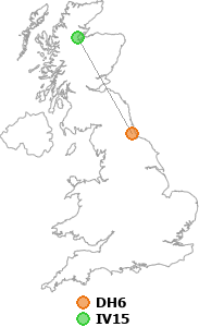map showing distance between DH6 and IV15