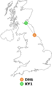 map showing distance between DH6 and KY1