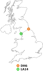 map showing distance between DH6 and LA14
