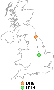 map showing distance between DH6 and LE14