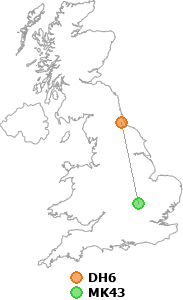 map showing distance between DH6 and MK43