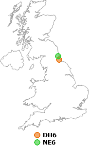 map showing distance between DH6 and NE6