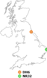 map showing distance between DH6 and NR32