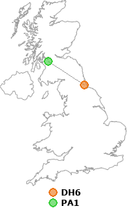 map showing distance between DH6 and PA1