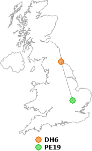 map showing distance between DH6 and PE19