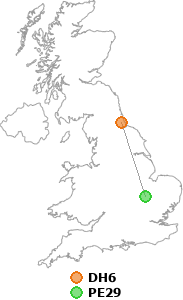 map showing distance between DH6 and PE29