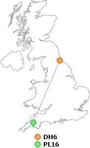 map showing distance between DH6 and PL16