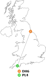 map showing distance between DH6 and PL4