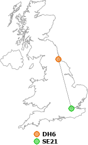 map showing distance between DH6 and SE21