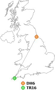 map showing distance between DH6 and TR16