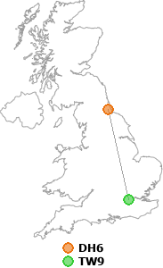 map showing distance between DH6 and TW9