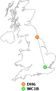 map showing distance between DH6 and WC1B