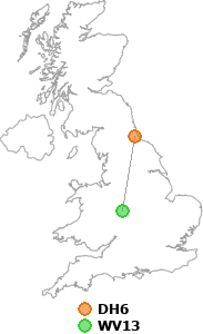 map showing distance between DH6 and WV13