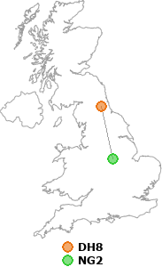 map showing distance between DH8 and NG2