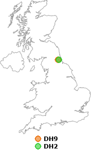 map showing distance between DH9 and DH2