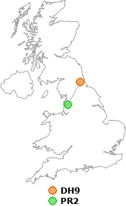 map showing distance between DH9 and PR2
