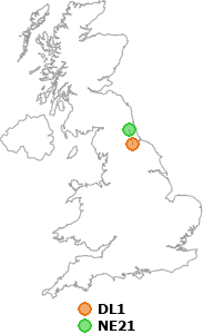 map showing distance between DL1 and NE21