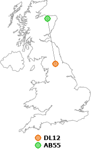 map showing distance between DL12 and AB55