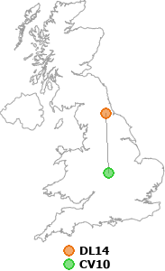 map showing distance between DL14 and CV10