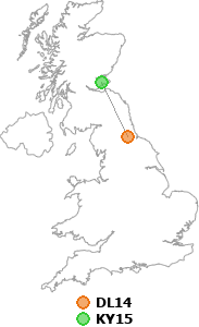 map showing distance between DL14 and KY15