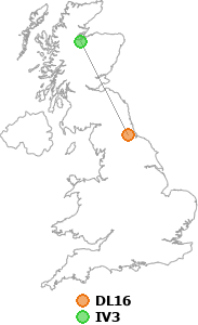 map showing distance between DL16 and IV3