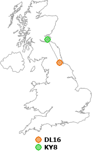 map showing distance between DL16 and KY8