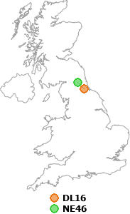 map showing distance between DL16 and NE46