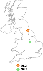 map showing distance between DL2 and NG3