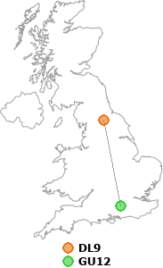 map showing distance between DL9 and GU12