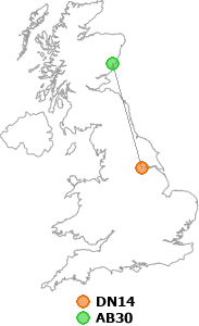 map showing distance between DN14 and AB30