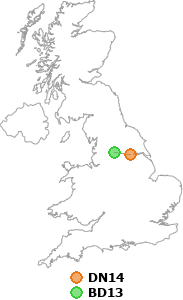 map showing distance between DN14 and BD13