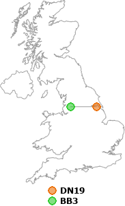 map showing distance between DN19 and BB3