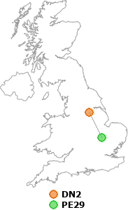 map showing distance between DN2 and PE29