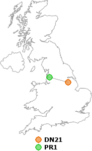 map showing distance between DN21 and PR1