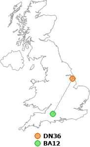 map showing distance between DN36 and BA12