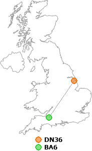 map showing distance between DN36 and BA6