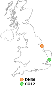map showing distance between DN36 and CO12