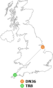 map showing distance between DN36 and TR8