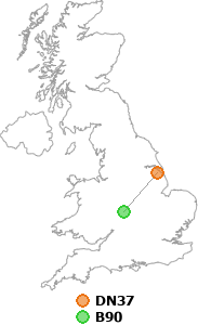 map showing distance between DN37 and B90