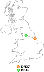 map showing distance between DN37 and BB18