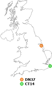 map showing distance between DN37 and CT14