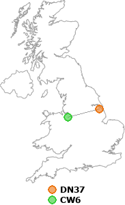 map showing distance between DN37 and CW6