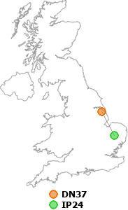 map showing distance between DN37 and IP24