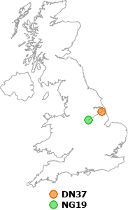 map showing distance between DN37 and NG19