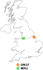 map showing distance between DN37 and WA2