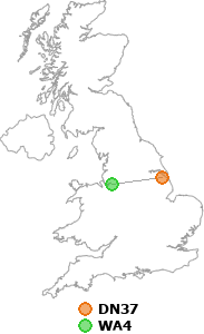 map showing distance between DN37 and WA4