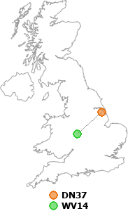 map showing distance between DN37 and WV14