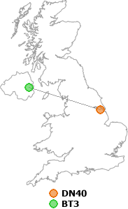 map showing distance between DN40 and BT3