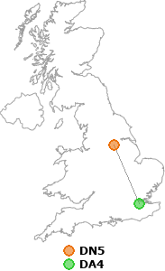 map showing distance between DN5 and DA4