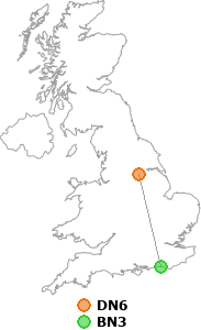 map showing distance between DN6 and BN3